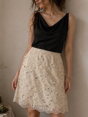 Vintage Cache Cream Beaded‎ Lace A-Line Skirt Size M Wedding Guest